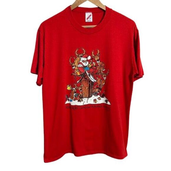 VTG 80s Christmas Funny Graphic T-Shirt Schmitt House Red USA Made L Reindeer - Picture 1 of 7